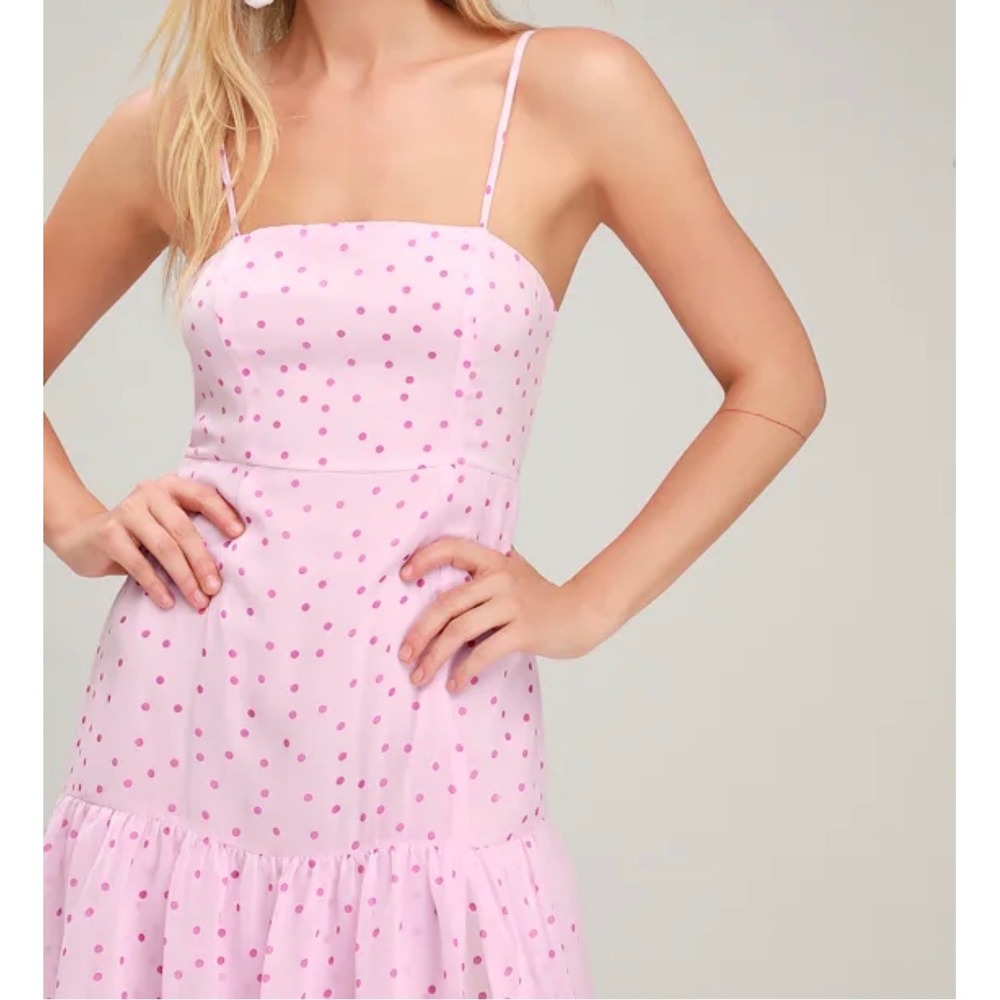 Lulus Nellie Pink Polka Dot Tiered Midi Dress XS Square Neck Ruffle Side Slit - Picture 4 of 11